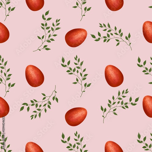Red Easter Egg with Brunch on Pink Background Seamless Pattern