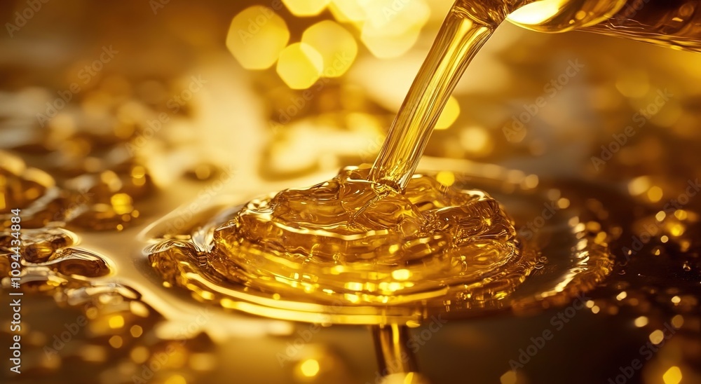 A close-up of golden oil being poured onto the table A close-up of golden oil being poured onto the table