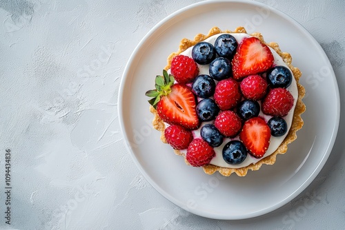 A delectable mini tart brimming with fresh strawberries, raspberries, and blueberries, artfully arranged on a creamy base.  A tempting treat for any occasion.  photo