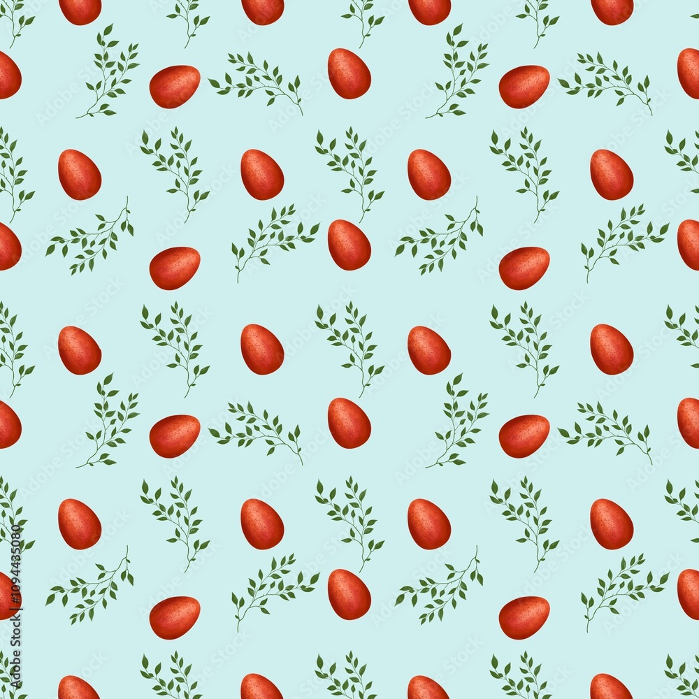 Red Easter Egg with Brunch Small on Blue Background Seamless Pattern Red Easter Egg with Brunch Small on Blue Background Seamless Pattern