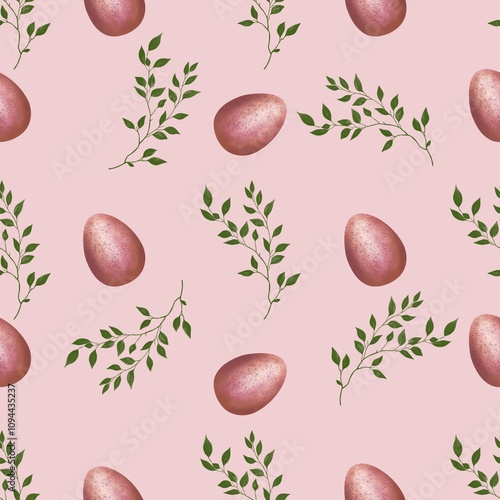 Pink Easter Egg with Brunch on Pink Background Seamless Pattern