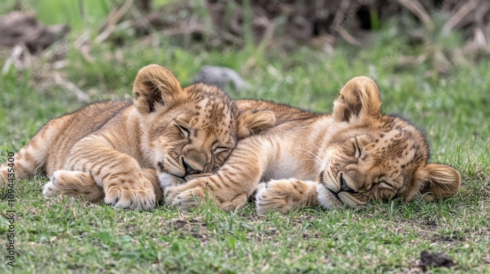 Adorable Lion Cubs Sleeping Peacefully in Sunlit Meadow, Capturing the Essence of Wildlife Serenity and Playfulness in Their Natural Habitat Adorable Lion Cubs Sleeping Peacefully in Sunlit Meadow, Capturing the Essence of Wildlife Serenity and Playfulness in Their Natural Habitat