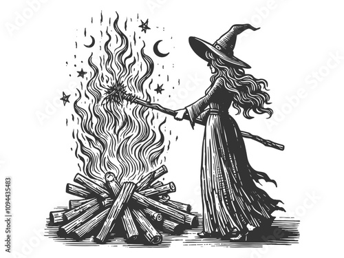 witch in a pointed hat conducting a ritual near a bonfire, holding a staff with a symbol over the flames sketch engraving generative ai vector illustration. Scratch board. Black and white image.