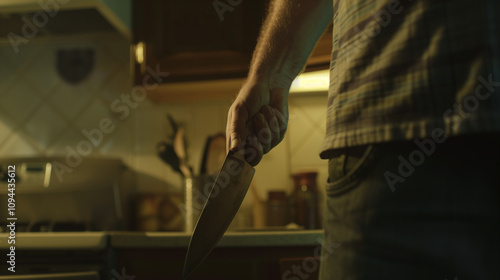 A man’s hand grips a weapon, a kitchen knife, in a dark, ominous setting, hinting at an impending attack or crime.