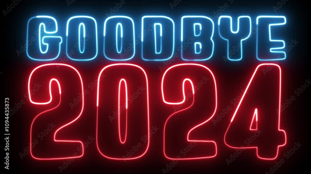 Goodbye 2024 neon sign. Goodbye 2024 text font with light. Luminous and shimmering haze inside the letters of the text Goodbye 2024. Goodbye 2024 neon sign. Goodbye 2024 text font with light. Luminous and shimmering haze inside the letters of the text Goodbye 2024.