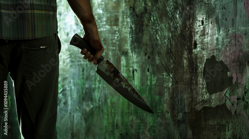 A man’s hand grips a weapon, a kitchen knife, in a dark, ominous setting, hinting at an impending attack or crime.