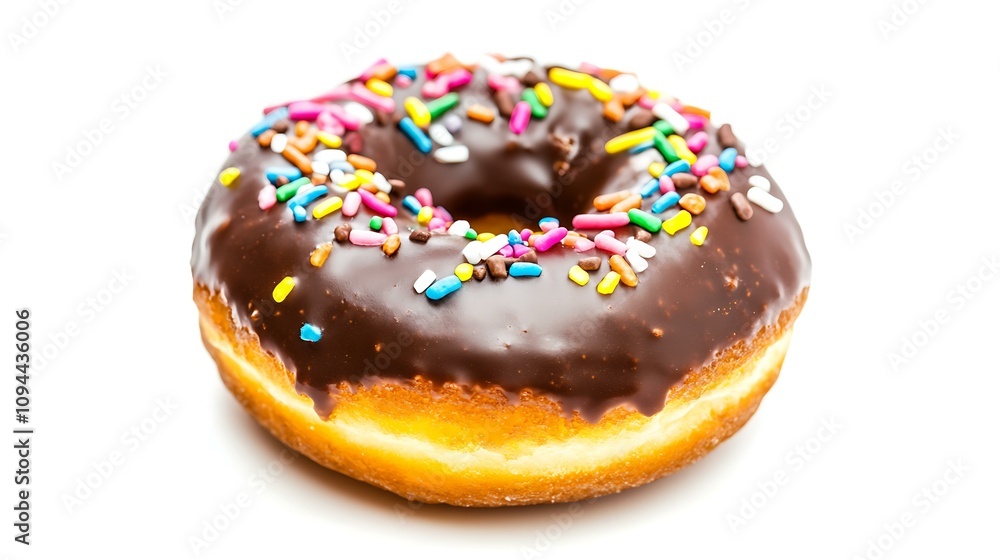 A chocolate-glazed donut with colorful sprinkles, featuring a soft, fluffy interior, isolated on an absolutely white background. No shadow, no small distracting particles, front ti side view, A chocolate-glazed donut with colorful sprinkles, featuring a soft, fluffy interior, isolated on an absolutely white background. No shadow, no small distracting particles, front ti side view,