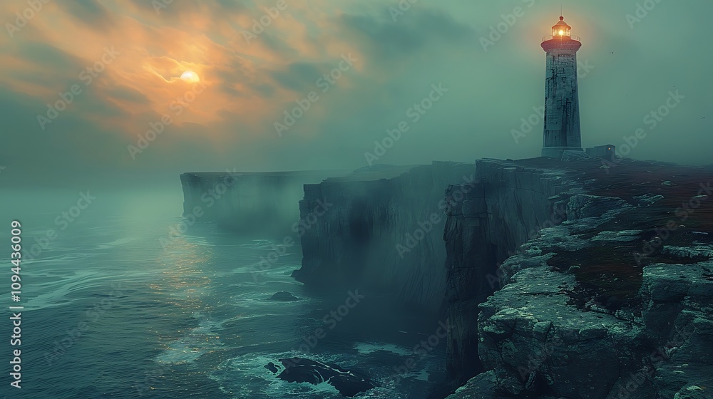 Fototapeta premium Coastal cliffs with a lighthouse at dusk