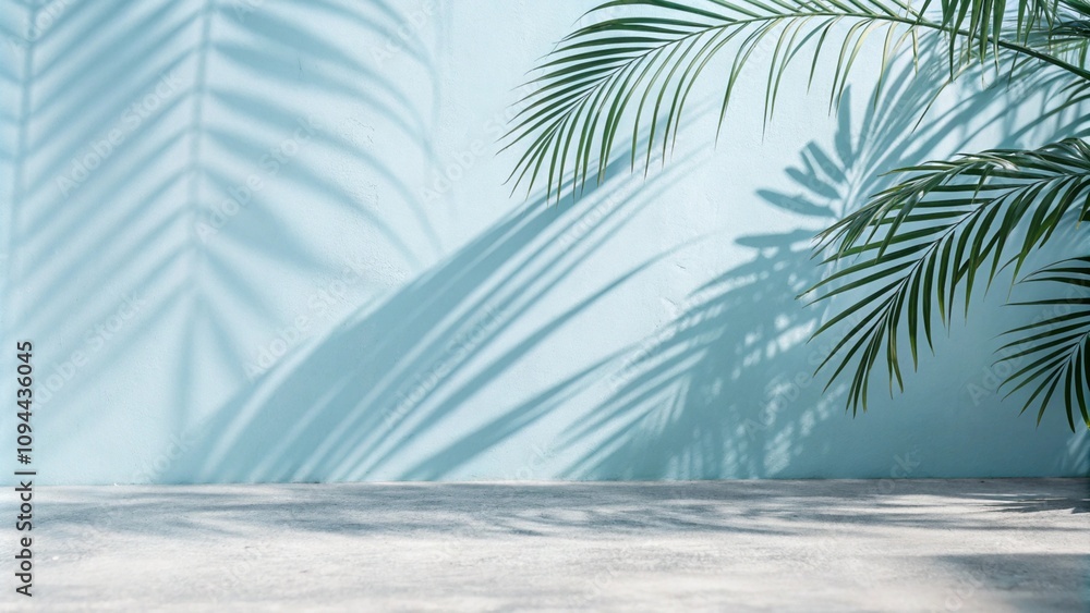 Blurred shadow from palm leaves on the light blue wall. Minimal abstract background for product presentation. Spring and summer.
Blurred shadow from palm leaves on the light blue wall. Minimal abstract background for product presentation. Spring and summer.