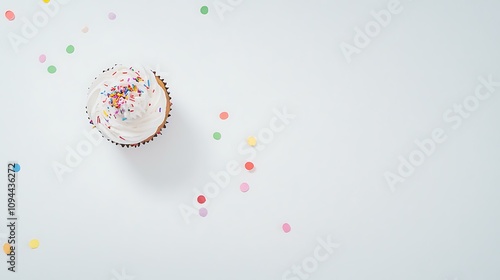 A photo of one blank greeting card mockup taken from a top down perspective. The cupcake is placed on a bright white, plain background with colorful confetti. The image is well-lit with studio photo