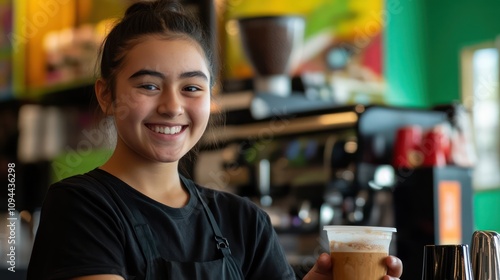 Coffee shop teen worker in Auckland, New Zealand, serving drinks with professionalism and enthusiasm