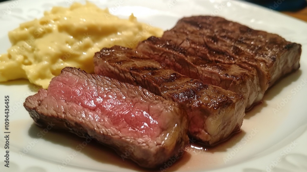 Mouthwatering Grilled Steak Served with Creamy Mashed Potatoes on a Plate, Showcasing the Perfect Medium-Rare Cook and Juicy Texture of the Meat Mouthwatering Grilled Steak Served with Creamy Mashed Potatoes on a Plate, Showcasing the Perfect Medium-Rare Cook and Juicy Texture of the Meat