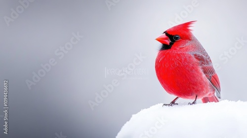 Vibrant northern cardinal perched gracefully against a soft white backdrop in winter serenity photo