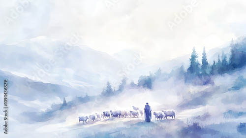 The shepherds visit Soft, misty scene with shepherds and flock visiting the holy birthplace Digital painting cute soft watercolor painting on white backgorund with copy space jesus, pray, photo