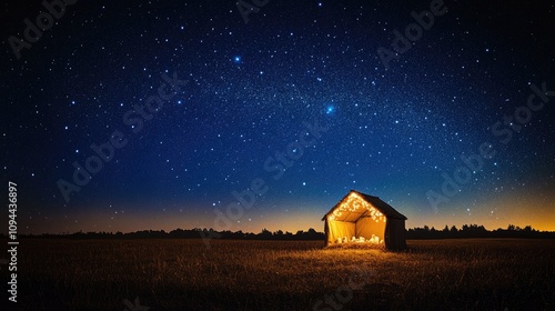 Enchanting Night Sky Over a Rustic Cabin Lit by Warm Lights Amidst a Serene Field Under a Blanket of Stars and the Milky Way