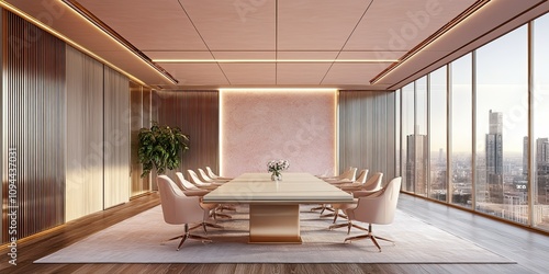 pink ivory modern meeting room with, wooden floor, cream wooden long conference table, luxury chairs and cityscape 