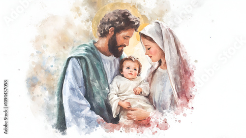 The holy family Digital watercolor painting cute soft watercolor painting on white backgorund with copy space jesus, pray, spirituality, hope, passion, spiritual, believe, holy, belief, devotion, photo