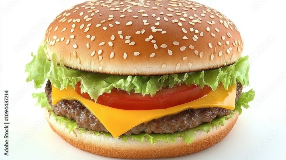 Juicy cheeseburger with fresh lettuce, ripe tomato, and melted cheese on a sesame seed bun against a clean white background, perfect for food photography and fast food promotions Juicy cheeseburger with fresh lettuce, ripe tomato, and melted cheese on a sesame seed bun against a clean white background, perfect for food photography and fast food promotions