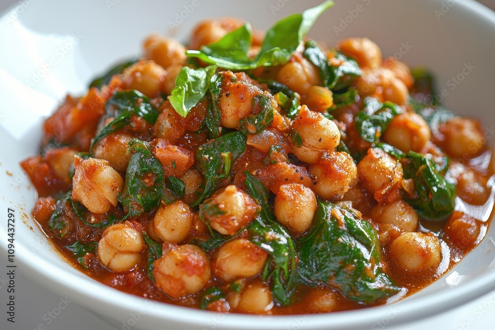 Spicy Chickpea and Spinach Stew: A vibrant and flavorful dish, perfect for a hearty and healthy meal. This close-up shot showcases the rich colors and textures of the stew. Spicy Chickpea and Spinach Stew: A vibrant and flavorful dish, perfect for a hearty and healthy meal. This close-up shot showcases the rich colors and textures of the stew.