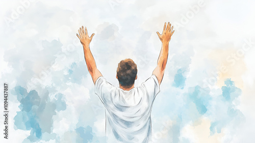 Artwork of a man raising hands in worship cute soft watercolor painting on white backgorund with copy space jesus, pray, spirituality, hope, passion, spiritual, believe, holy, belief, devotion, photo