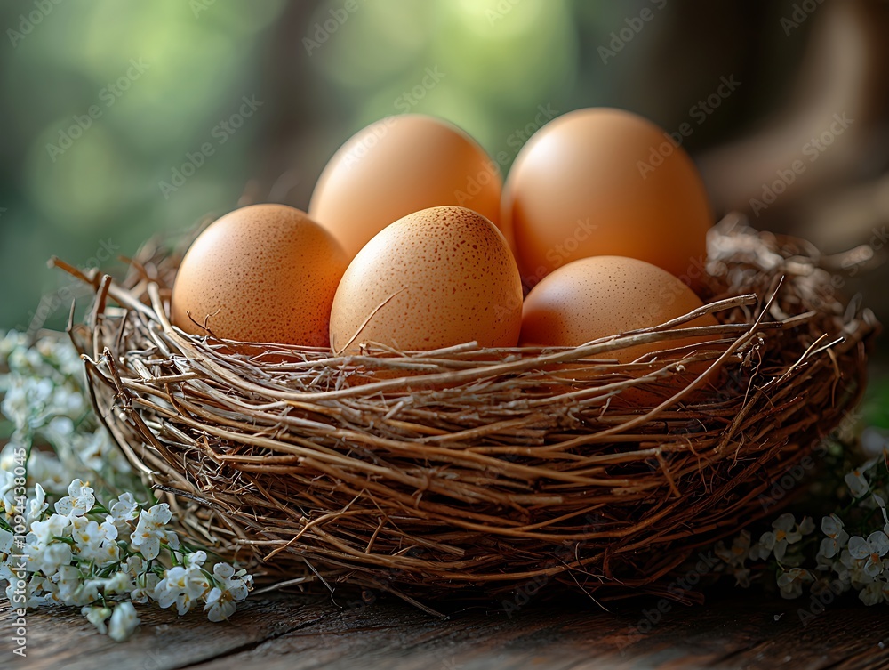 Eggs Nestled in Bird's Nest with Flowers Eggs Nestled in Bird's Nest with Flowers