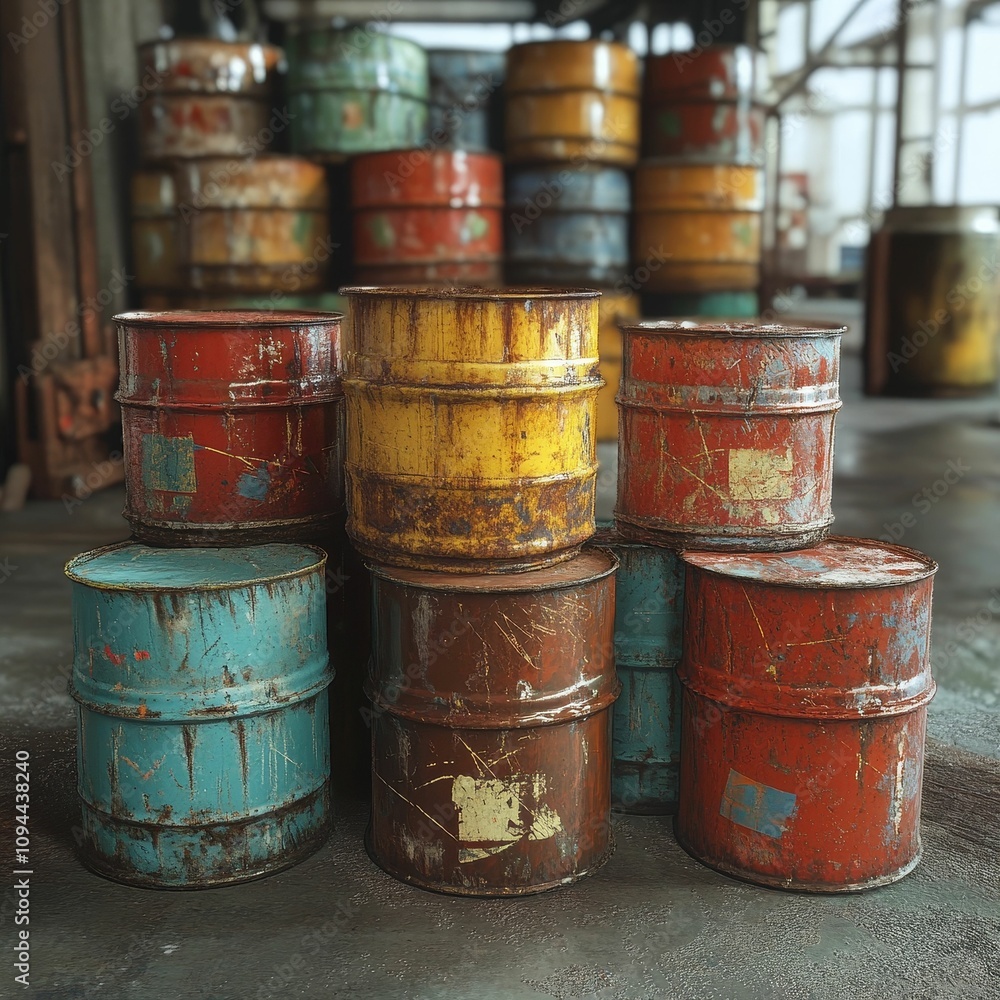 Rusty barrels stacked, industrial setting. Rusty barrels stacked, industrial setting.