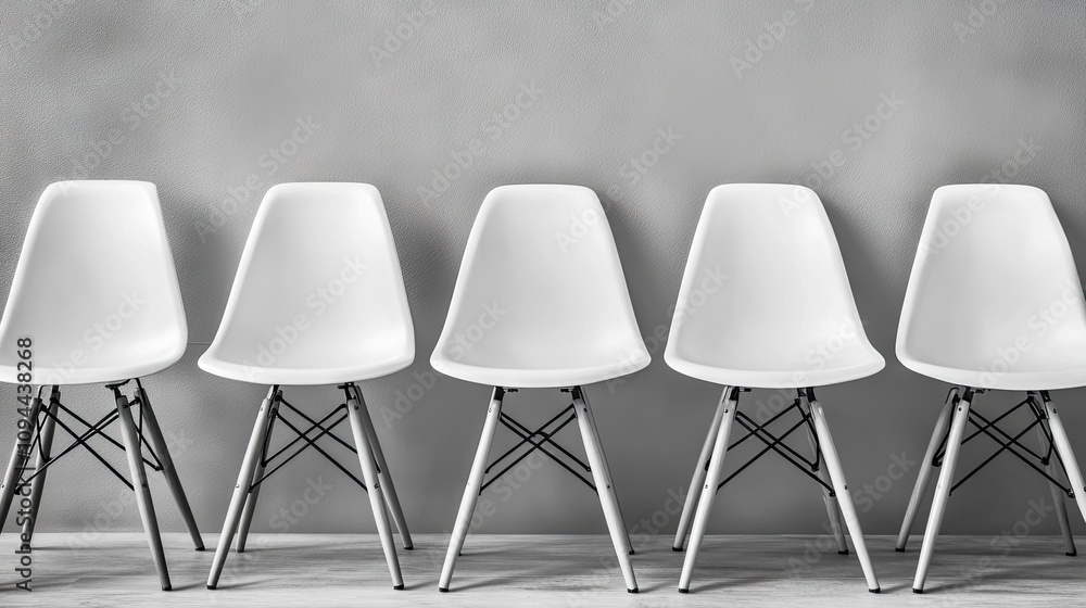Obraz premium Modern Minimalistic Design of Five White Chairs Aligned Against a Neutral Grey Wall in a Contemporary Indoor Space