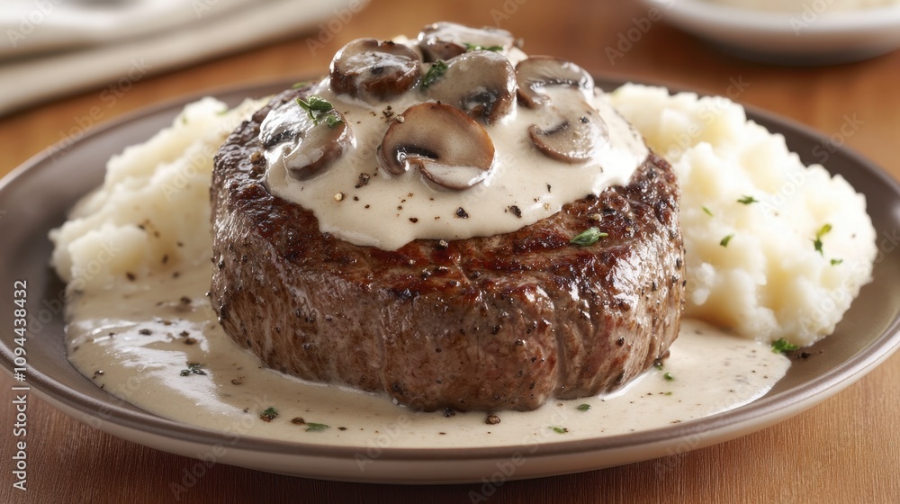 Savory Beef Steak with Creamy Mushroom Sauce and Mashed Potatoes on a Rustic Wooden Table, Perfect for Culinary Delights and Food Photography Savory Beef Steak with Creamy Mushroom Sauce and Mashed Potatoes on a Rustic Wooden Table, Perfect for Culinary Delights and Food Photography