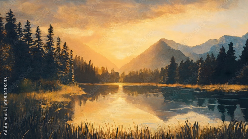 Fototapeta premium Golden Hour Mountain Lake Reflection Landscape Painting