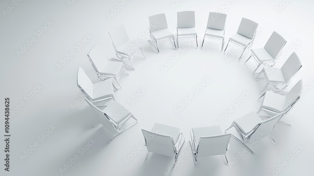 Obraz premium White Stacked Chairs in a Circular Arrangement on a Minimalist White Background for Modern Interior, Meeting Space, and Event Planning Use