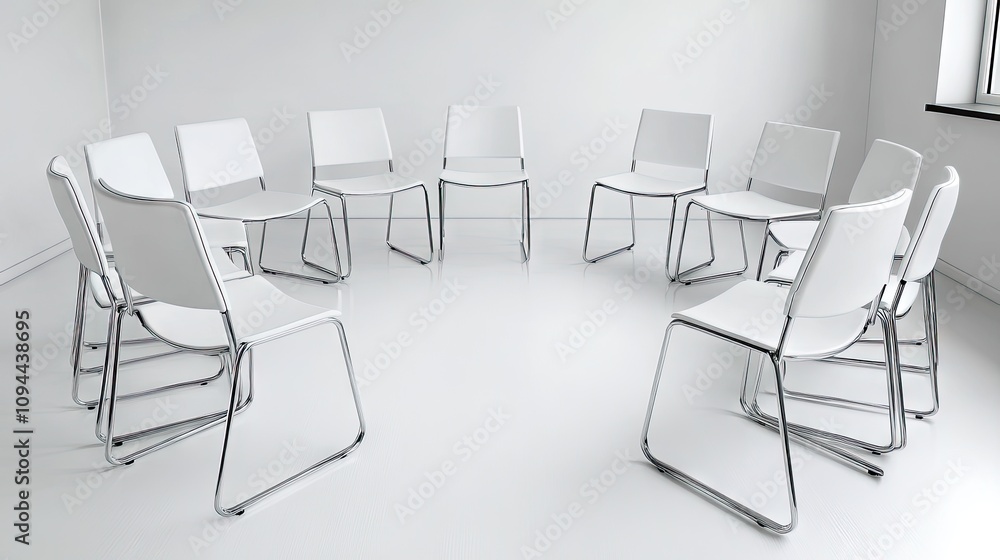Obraz premium Modern Minimalist Meeting Space Featuring Circles of White Chairs on a Bright and Open White Floor Ideal for Collaborative Discussions and Group Workshops