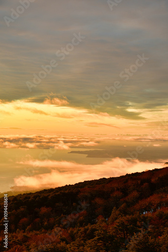 Sunset from Osorno Vulcan in winter refugio teskie views colorful orange blue