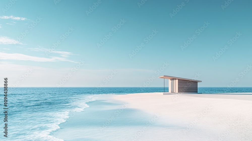 Serene Beach Hut Retreat - 3D Rendering of Tranquil Seaside Escape with Clear Blue Skies and Untouched Nature Serene Beach Hut Retreat - 3D Rendering of Tranquil Seaside Escape with Clear Blue Skies and Untouched Nature