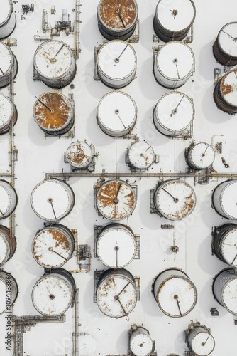 Aerial view of numerous industrial storage tanks. photo