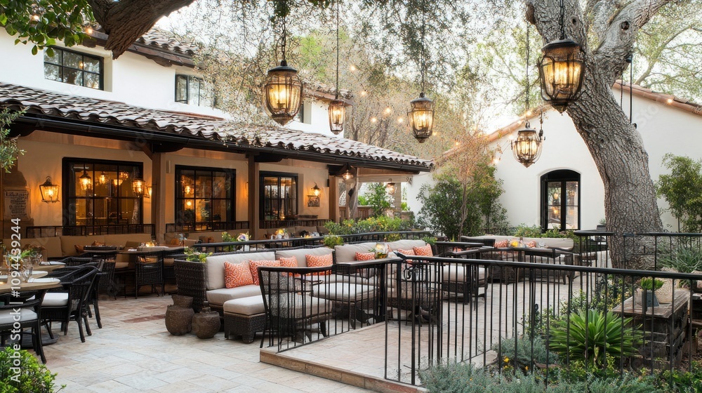 Naklejka premium A serene outdoor dining area with comfortable seating and decorative lighting.