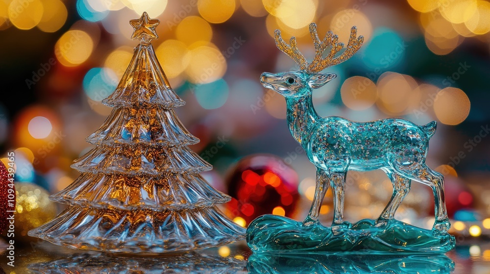 Delicate Glass Christmas Decorations Featuring a Crystal Christmas Tree and a Sparkling Reindeer on a Colorful Bokeh Background Delicate Glass Christmas Decorations Featuring a Crystal Christmas Tree and a Sparkling Reindeer on a Colorful Bokeh Background