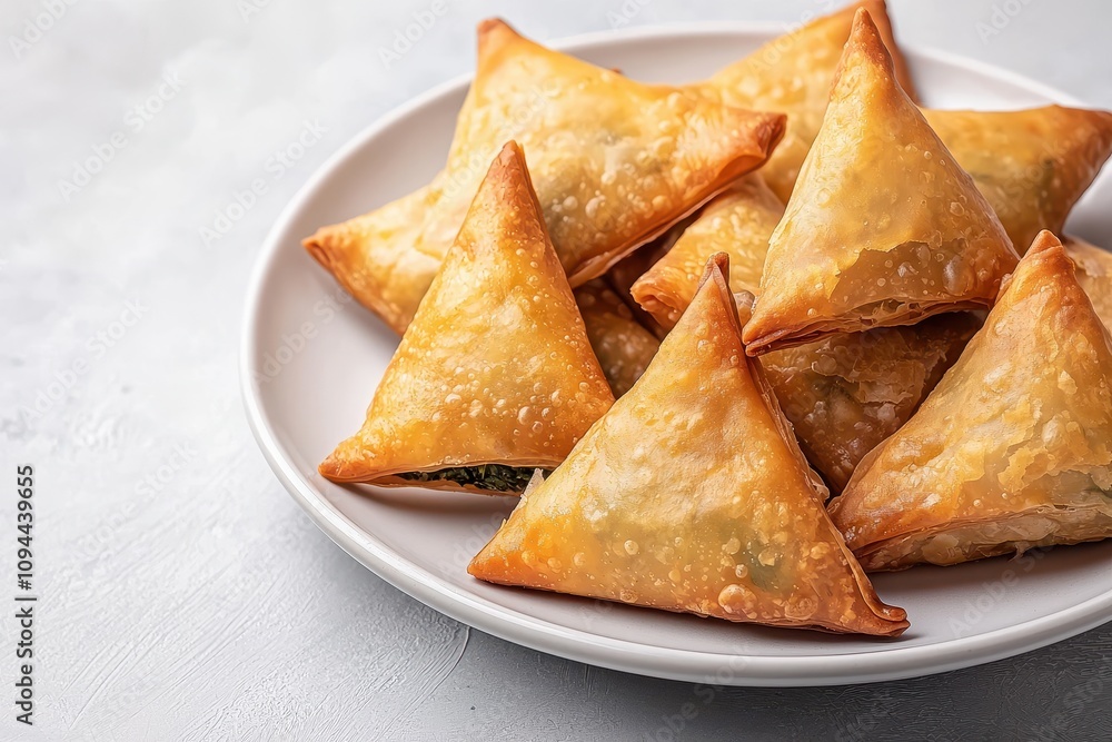 Golden Crispy Samosas Filled with Savory Ingredients on a White Plate, Perfect for Ethnic Cuisine and Appetizer Concepts Golden Crispy Samosas Filled with Savory Ingredients on a White Plate, Perfect for Ethnic Cuisine and Appetizer Concepts