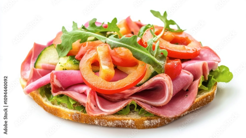Colorful Sandwich Piled High with Fresh Vegetables and Slices of Meat, Displaying a Tasty and Healthy Meal Option Perfect for Lunch or Snacks Colorful Sandwich Piled High with Fresh Vegetables and Slices of Meat, Displaying a Tasty and Healthy Meal Option Perfect for Lunch or Snacks