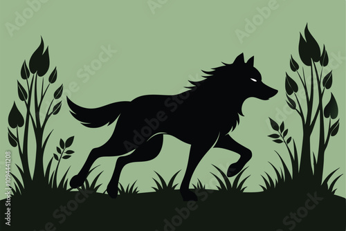 Vector silhouette of wolf running in the grass in forest