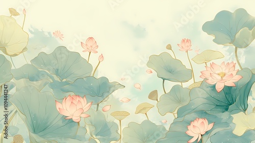 Fototapeta Naklejka Na Ścianę i Meble -  Green pond and pink lotus illustration poster background
