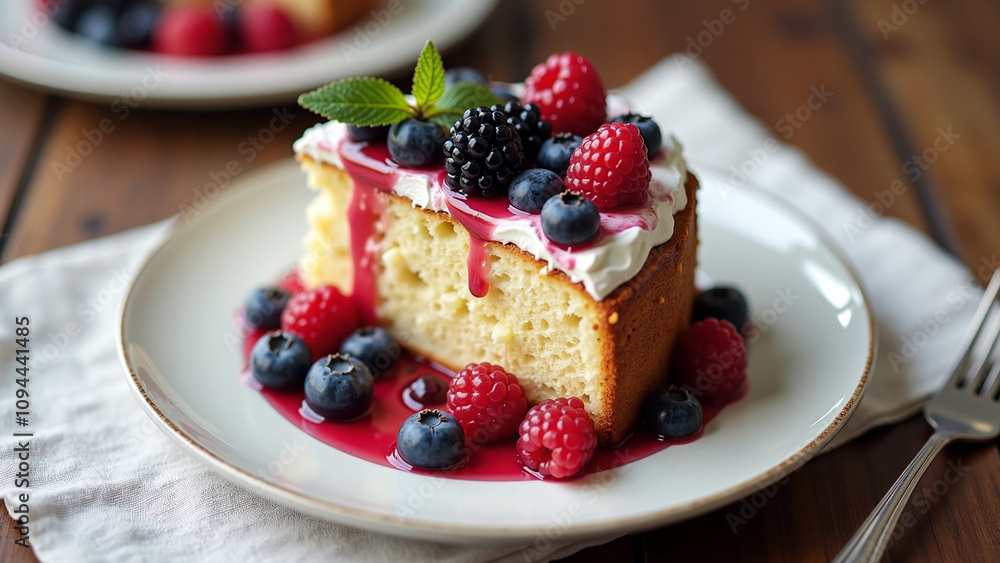 A close-up of a moist cake slice topped with a layer of whipped white cream and a medley of fresh forest berries, including raspberries, blueberries, and blackberries with berry syrup drips A close-up of a moist cake slice topped with a layer of whipped white cream and a medley of fresh forest berries, including raspberries, blueberries, and blackberries with berry syrup drips