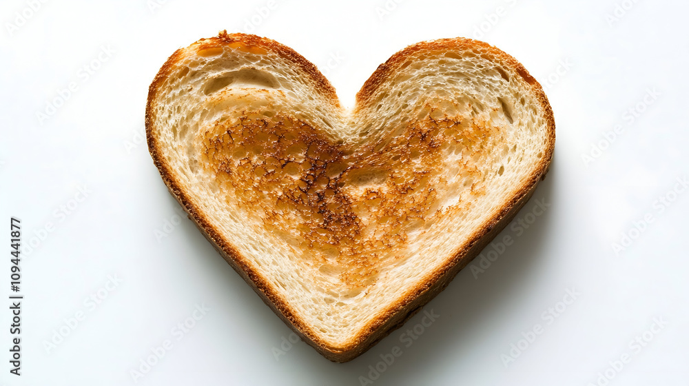 Slice of toast in a heart shape over a white background, Roasted white bread with a cut out heart shaped piece on a white background Slice of toast in a heart shape over a white background, Roasted white bread with a cut out heart shaped piece on a white background