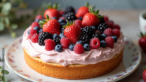 A delightful berry cake served on a dish. The soft sponge cake is topped with a layer of pink whipped cream and generously garnished with fresh strawberries, raspberries, blackberries and blueberries.