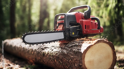 Red Chainsaw Resting on a Fallen Log in a Forest Clearing. AI Generated