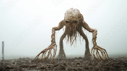 Eerie Creature in the Mist: A haunting and unsettling image of a grotesque creature emerging from the mist, its skeletal frame and long, grasping fingers creating a sense of dread and unease.  