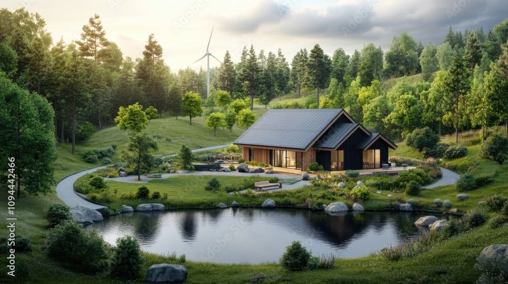 Obraz premium Tranquil Modern Cabin Surrounded by Lush Greenery and Scenic Landscapes with a Peaceful Pond and Wind Turbine in the Background