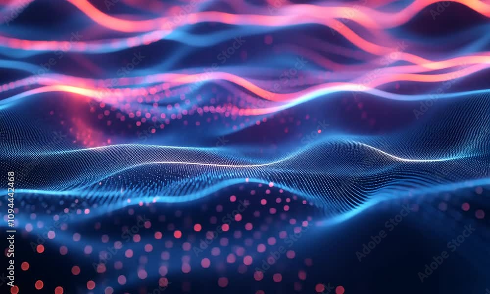 Abstract blue and red glowing wave background with glowing particles. Abstract blue and red glowing wave background with glowing particles.