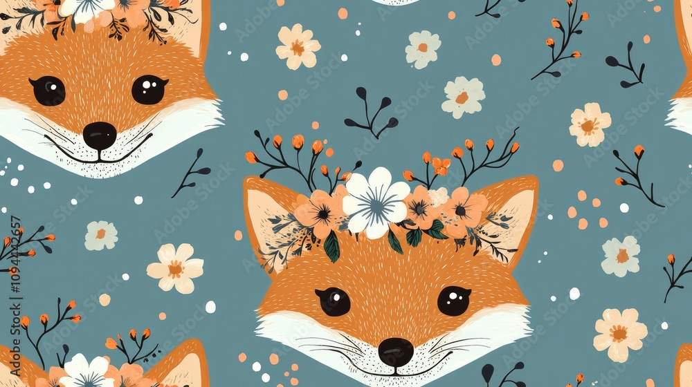 A whimsical pattern featuring fox faces adorned with flowers on a blue background. A whimsical pattern featuring fox faces adorned with flowers on a blue background.