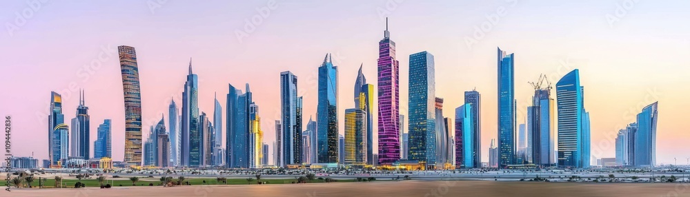 A panoramic view of a modern city skyline at dusk, showcasing tall skyscrapers and architecture. A panoramic view of a modern city skyline at dusk, showcasing tall skyscrapers and architecture.