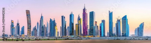 A panoramic view of a modern city skyline at dusk, showcasing tall skyscrapers and architecture.